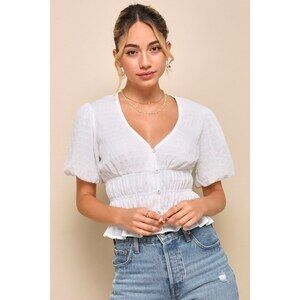 LULUS Must Be Adored White Button-Up Textured Puff Sleeve Top